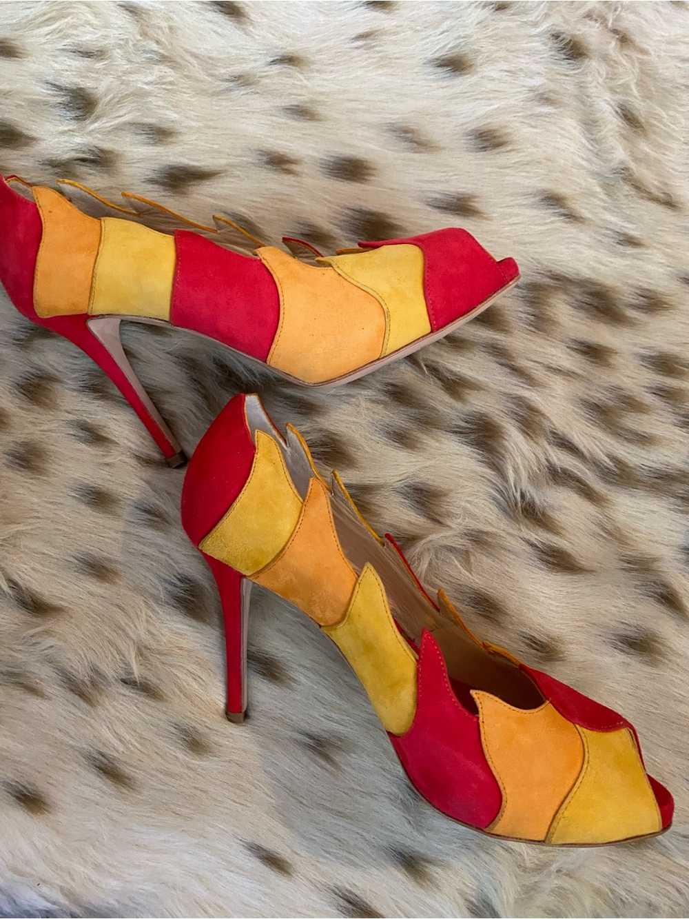 Gianmarco Lorenzi Red, Yellow & Orange Suede Peep-Toe Pumps - Picture 4 of 8